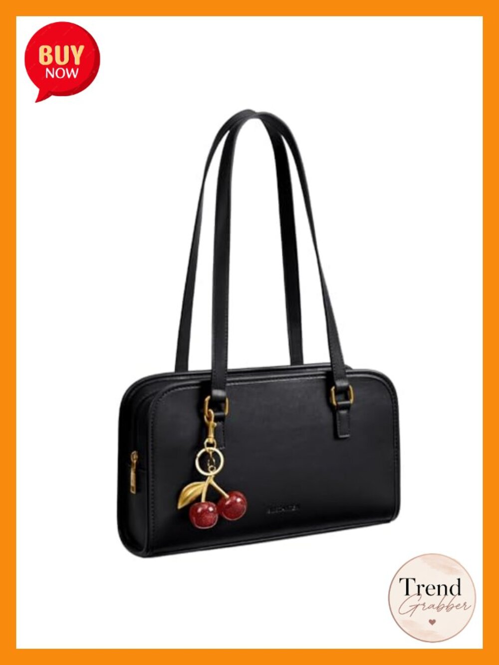Vegan Leather Shoulder Bag with Cherry Charm Zip Medium Structured Purse